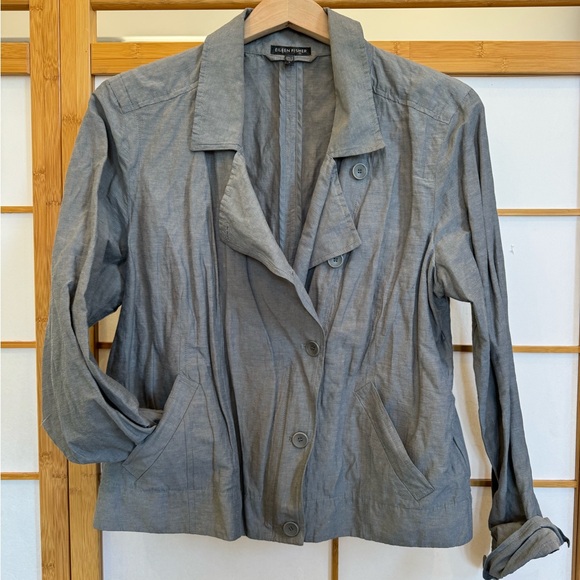 Eileen Fisher Sz L Pewter Moto Organic Cotton Steel Convert Collar Jacket - Picture 6 of 12